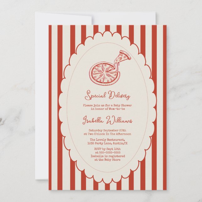 Invitation Special Delivery Pizza Party Baby Shower (Devant)
