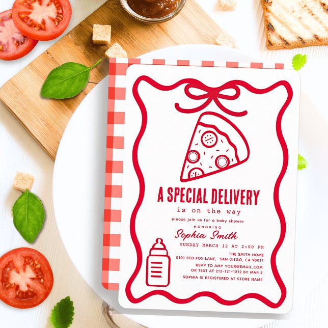 Invitation Special Delivery Red Hand-drawn Pizza Baby Shower (Créateur téléchargé)