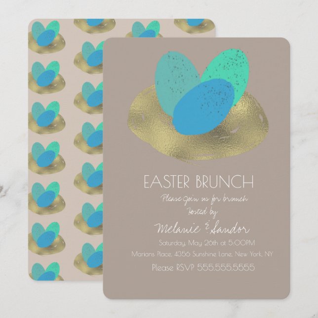 Invitation Specké Oeuf de Pâques Gold Dîner de nid Brunch Fam (Devant / Derrière)