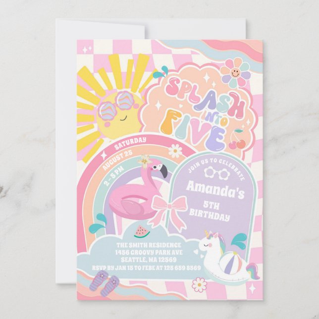 Invitation Splash Into Five Cloud Rainbow Disco 5th Birthday  (Devant)