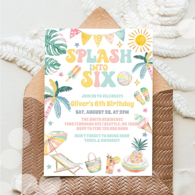 Invitation Splash Into Six Beach Party Summer 6th Birthday (Créateur téléchargé)