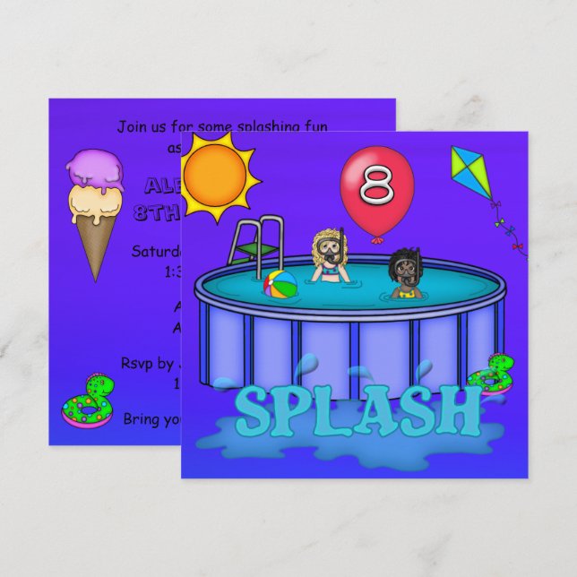 Invitation "Splash" Pool Party 8e anniversaire (Devant / Derrière)