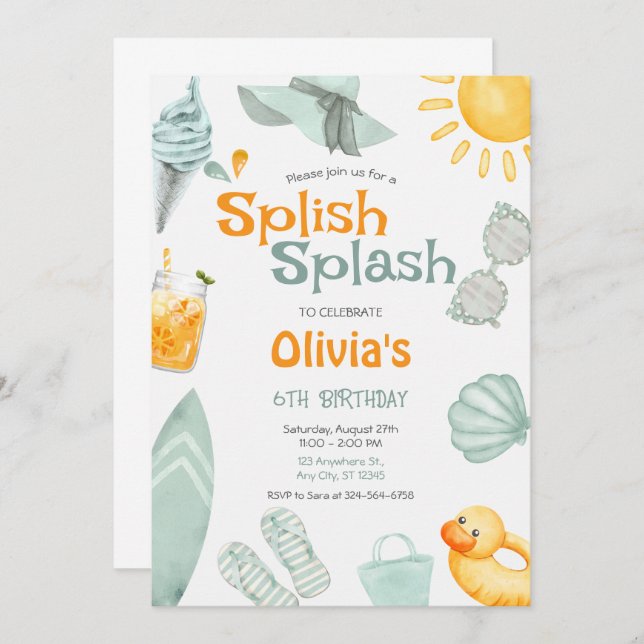 Invitation Splish Splash Birthday  Pool Party  (Devant / Derrière)