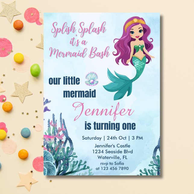 Invitation Splish Splash Mermaid Bash Girls 1er anniversaire (Créateur téléchargé)