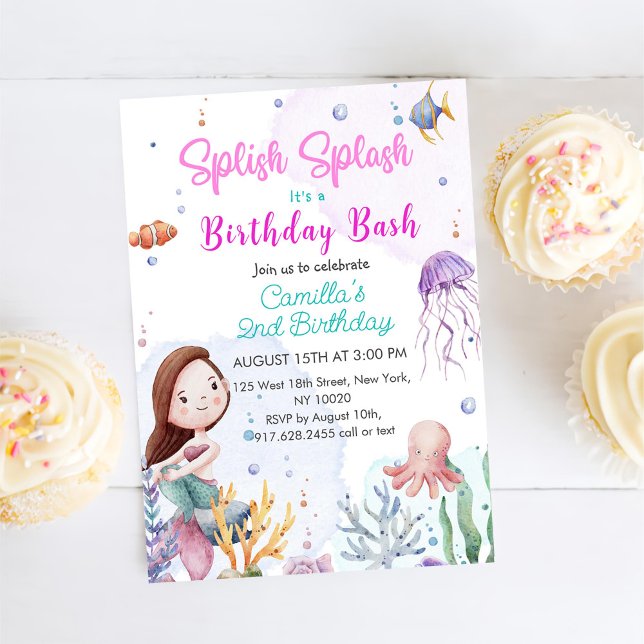 Invitation Splish Splash Mermaid Girl 2e fête d'anniversaire (Créateur téléchargé)