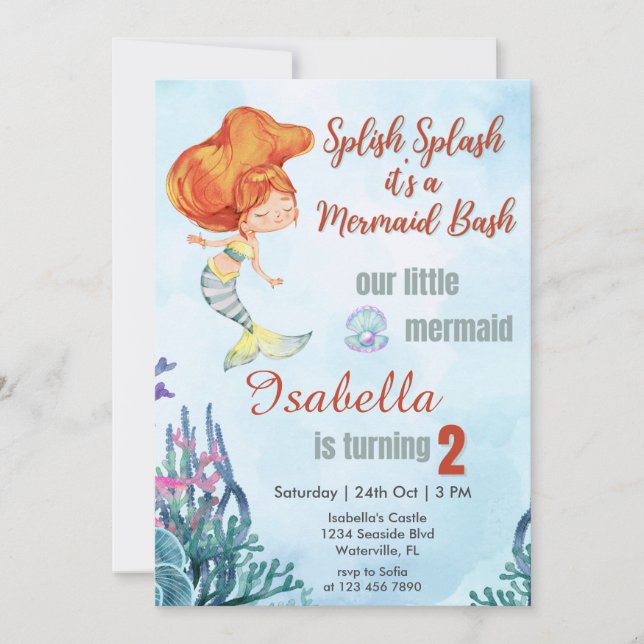 Invitation Splish Splash Orang Mermaid Bash 2e anniversaire f (Devant)