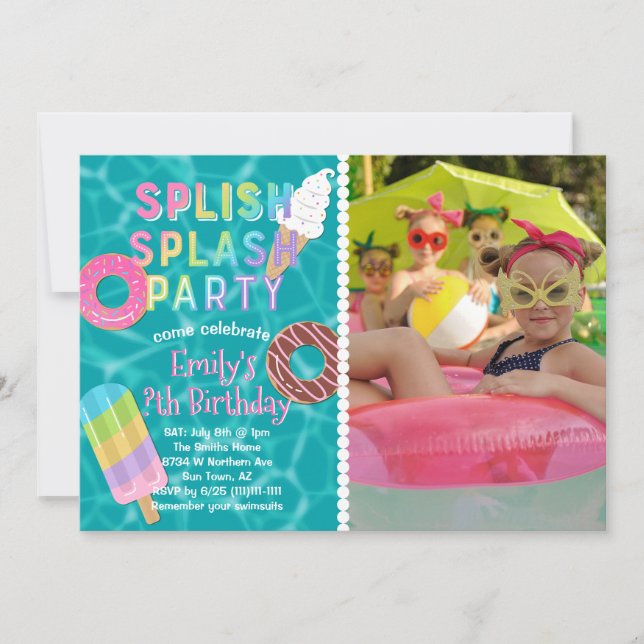 Invitation Splish Splash Party l Pool Anniversaire l Desserts (Devant)