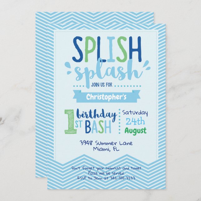 Invitation Splish Splash Pool Party 1er anniversaire Invitati (Devant / Derrière)