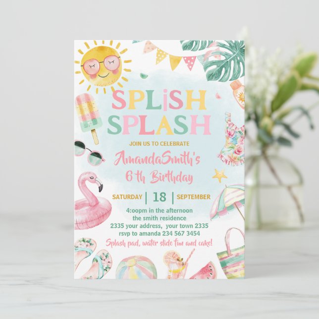 Invitation Splish Splash Pool Party Bash Girl Pink Birthday (Debout devant)