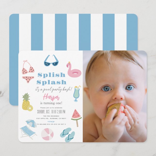 Invitation Splish Splash Pool Party Fille Photo 1er anniversa (Devant / Derrière)