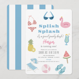Invitation Splish Splash Summer Pool Party Fille 1er annivers