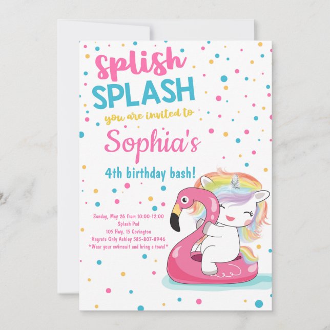 Invitation Splish Splash Unicorn Bash Pool Girl Birthday (Devant)