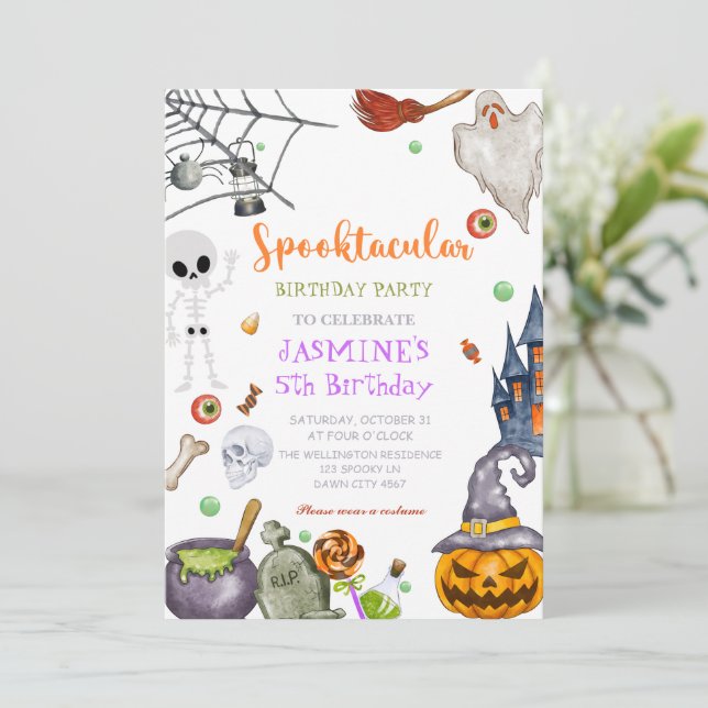 Invitation Spooktacular Black Orange Halloween fête d'anniver (Debout devant)