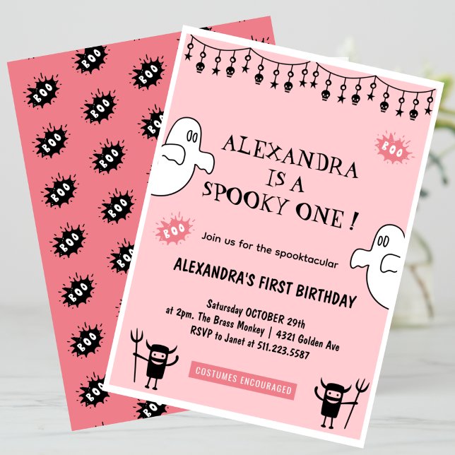 Invitation Spooktacular Éffrayant un Halloween 1er anniversai (Halloween-1st-birthday-Invitation-Spooktacular-Spooky-one-pink-1)