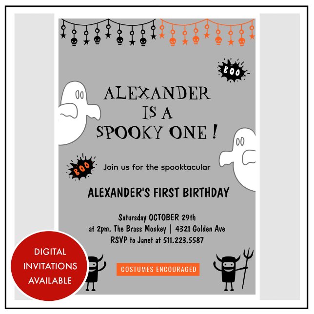 Invitation Spooktacular Éffrayant un Halloween 1er anniversai (Halloween-1st-birthday-Invitation-Spooktacular-Spooky-one-grey-1)