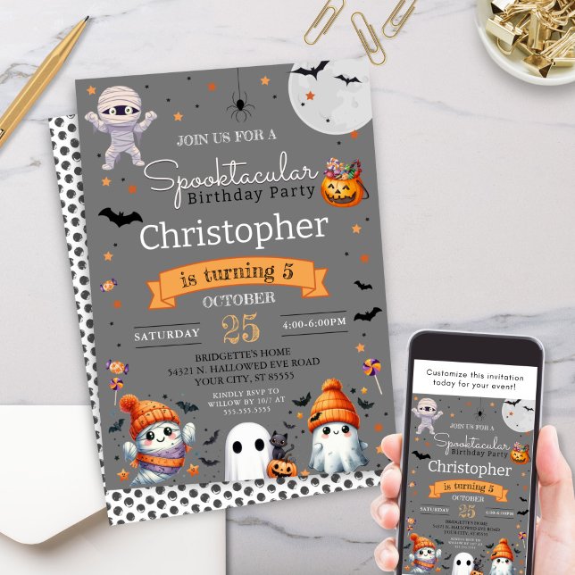 Invitation Spooktacular Ghost Orange Halloween fête d'anniver (Personalized Halloween Birthday Party Invitations for costume party, kids trick or treat party idea)