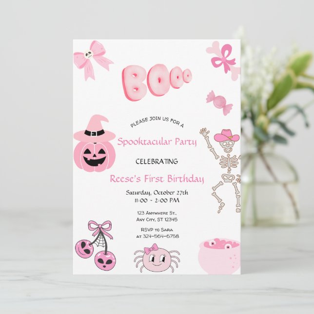 Invitation Spooktacular Premier Anniversaire Pink Halloween (Debout devant)