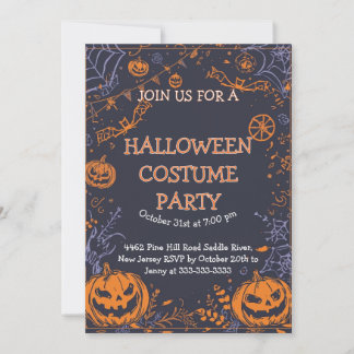 Invitation Spooky Halloween Costume Party Fun Pumpkin & Bat 