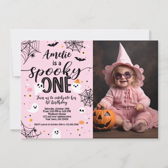 Invitation Spooky One Pink Ghost Halloween Invite with Photo (Devant)