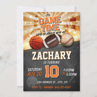 Invitation Sport birthday invite Basketball Baseball Football