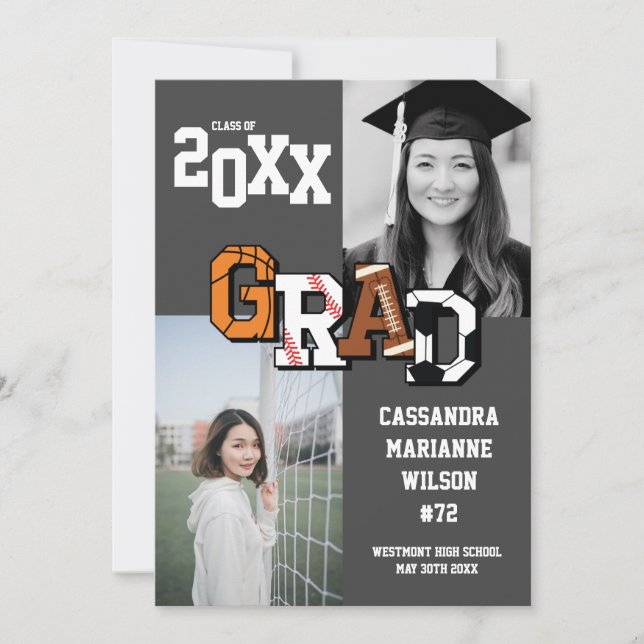 Invitation Sport Graduation Football de basket-ball de footba (Devant)