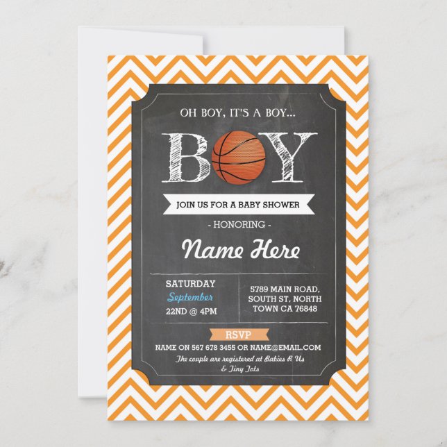 Invitation sportif Orange BasketBall Boy Baby show (Devant)