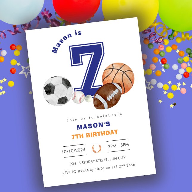Invitation Sports 7e athlète garçon Anniversaire (Sports 7th Boy Athlete Birthday Invitation)