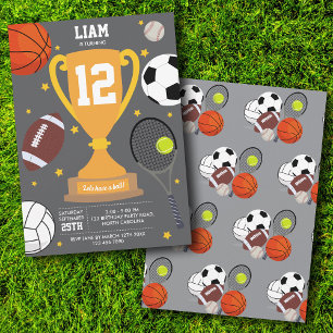 Invitation Sports Balles sportives Enfants Gris Anniversaire 