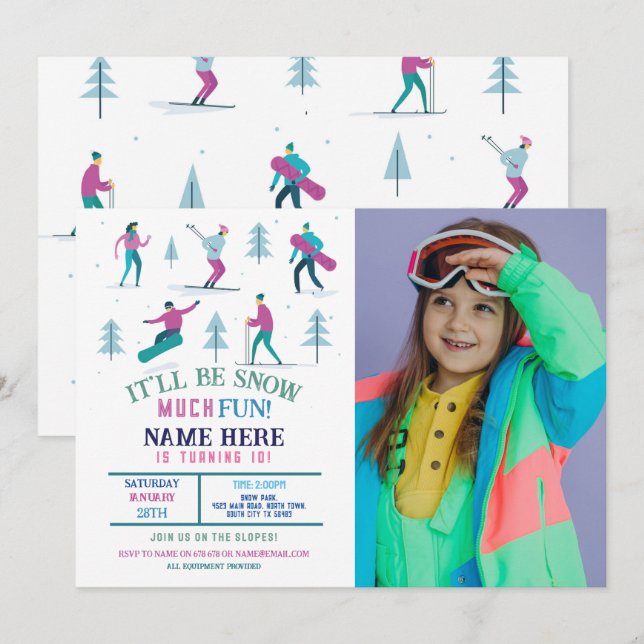 Invitation Sports d'hiver Anniversaire Filles Ski Snowboard P (Devant / Derrière)