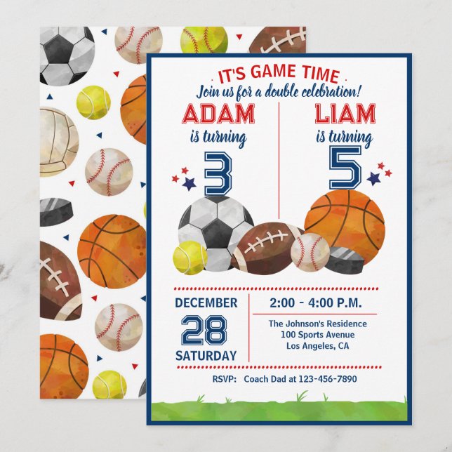 Invitation Sports Game Time All-Star  Birthday Party (Devant / Derrière)