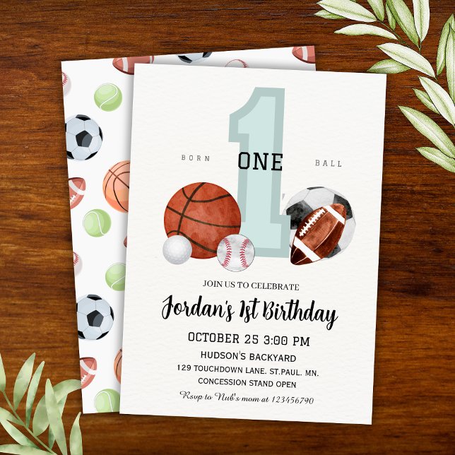 Invitation Sports nautiques "Born to Ball" 1er anniversaire (Watercolor Sports "Born to Ball" 1st Birthday Invitation
)