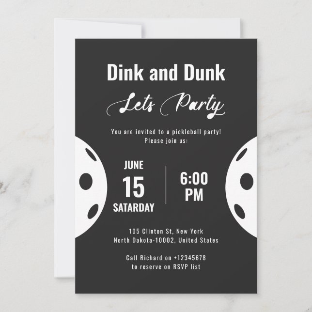 Invitation Sports Party Pickleball Black Thème Anniversaire (Devant)