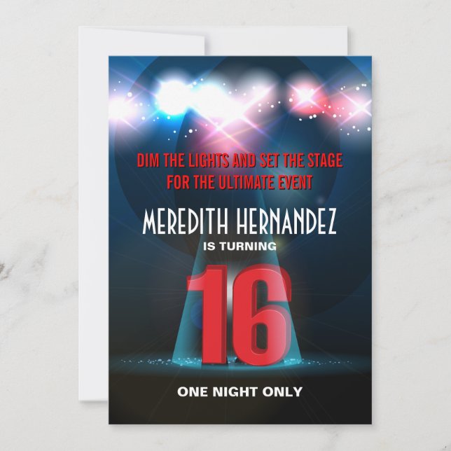 Invitation Spotlight Star Red Sweet 16 (Devant)