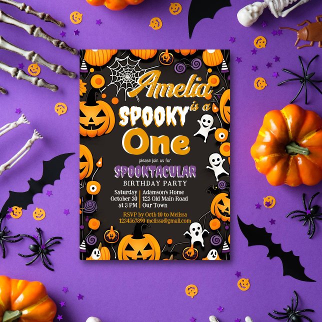 Invitation Sppoun un anniversaire d'Halloween rétro super (Spooky one Halloween birthday party template invitation instant download baby ghosts jack o lanterns)