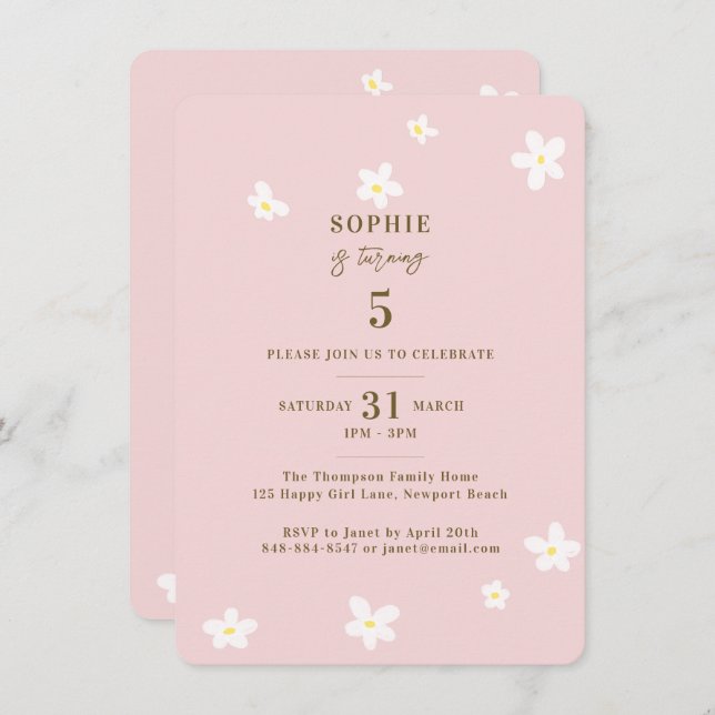 Invitation Spring Blush White Daisies Fille fête d'anniversai (Devant / Derrière)