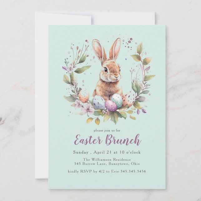 Invitation Spring Bunny Wreath Easter Brunch Holiday (Devant)