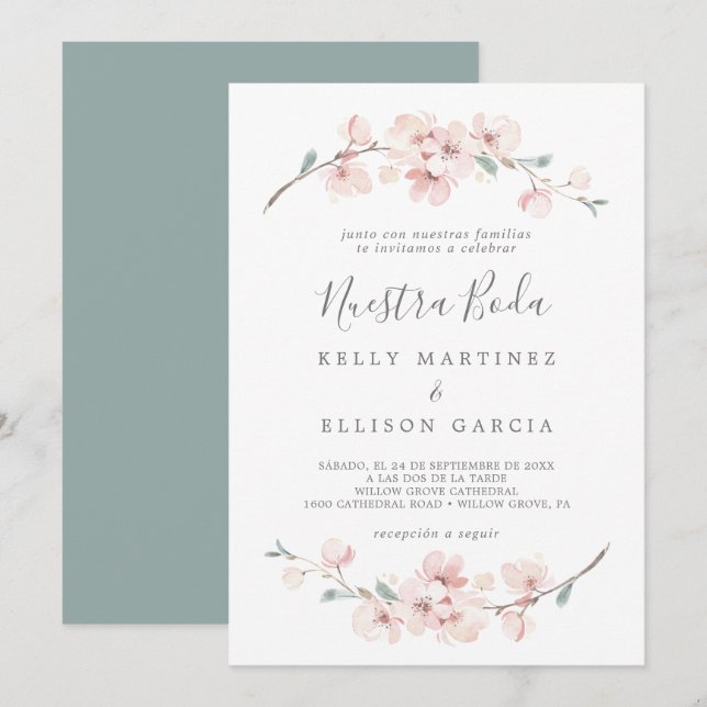 Invitation Spring Cherry Blossom Espagnol Nuestra Boda (Devant / Derrière)