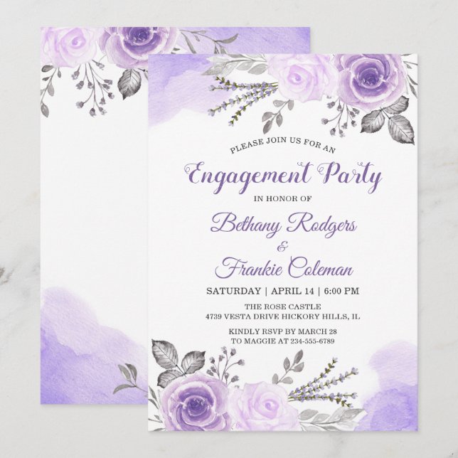 Invitation Spring Chic Pastel Fleurs violettes Partie d'engag (Devant / Derrière)