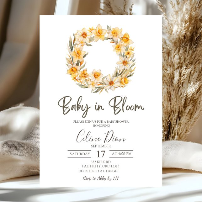 Invitation Spring Floral Daffodil Wreath Baby Shower  (Créateur téléchargé)