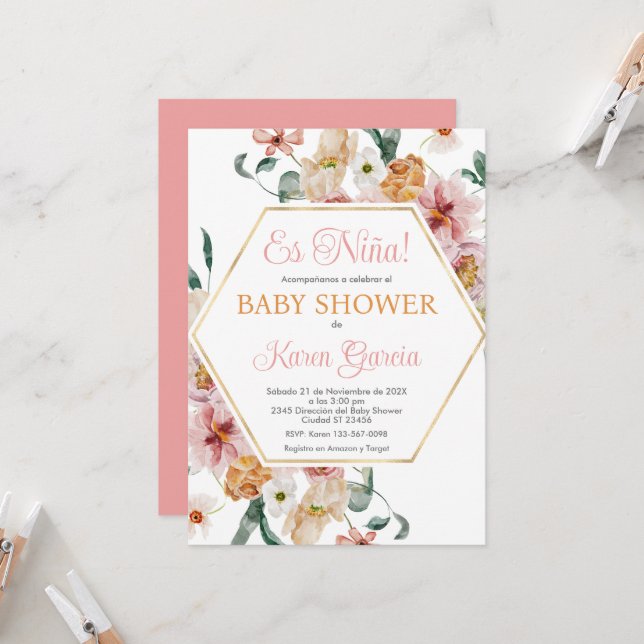 Invitation Spring Floral Espagnol Baby shower fille (Devant/Arrière en situation)