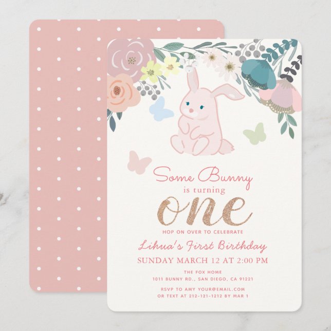 Invitation Spring Floral Pink Bunny Girl (Devant / Derrière)
