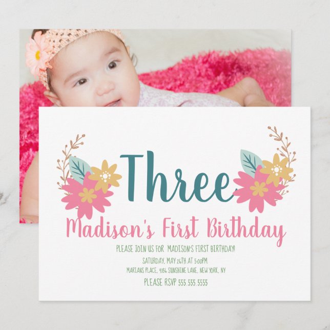 Invitation Spring Garden Floral Pink Party 3e anniversaire (Devant / Derrière)