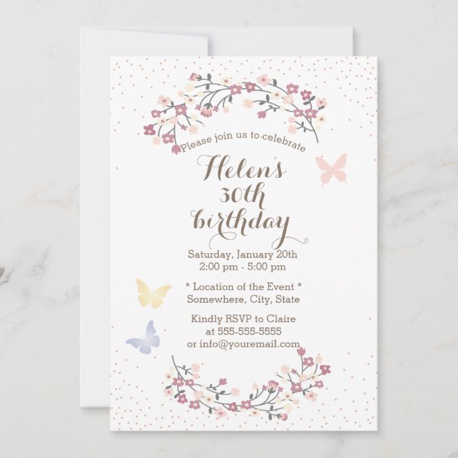 Invitation Spring Garden Papillon & Fleurs Fête d'anniversair (Devant)