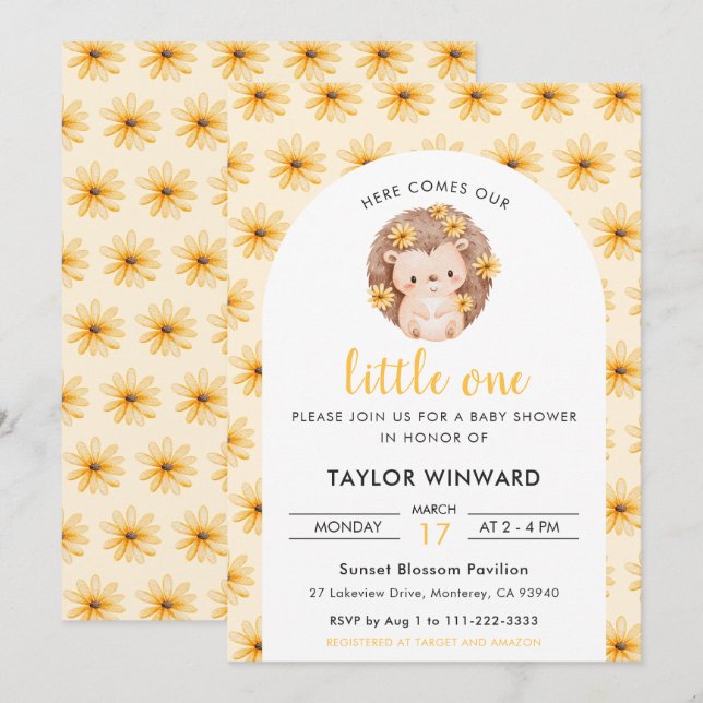 Invitation Spring Hedgehog and Daisy Baby Shower (Devant / Derrière)