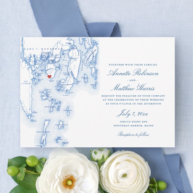 Invitation Spruce Point Inn Boothbay Maine Navy Map Mariage (Spruce Point Inn Wedding Invitations with Elegant navy blue map of Boothbay Harbor Maine)