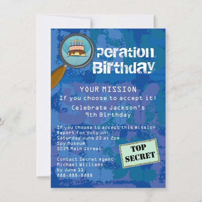 Invitation Spy / Secret / Agent spécial fête d'anniversaire (Devant)