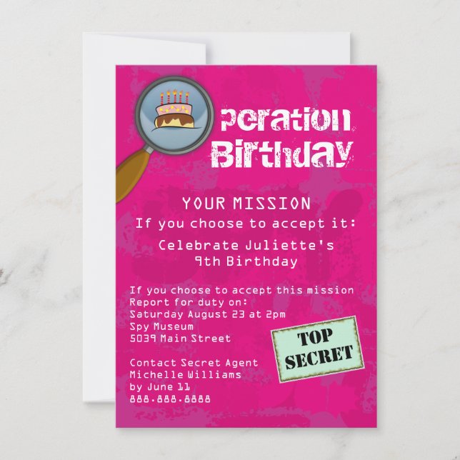 Invitation Spy / Secret / Agent spécial fête d'anniversaire (Devant)