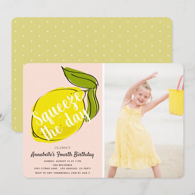 Invitation Squeeze Day Lemon rose Girl Birthday Photo (Devant / Derrière)
