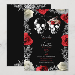 Invitation Squelette Crâne Rouge Blanc Roses Mariage gothique