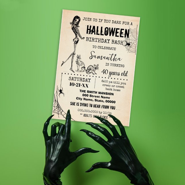 Invitation Squelette de Fille et Chats d'Halloween Anniversai (Créateur téléchargé)